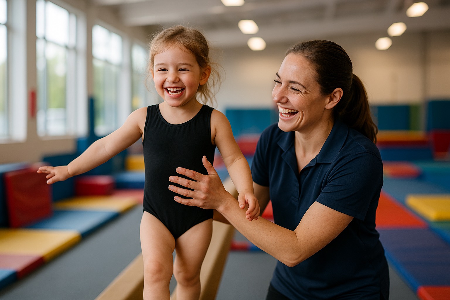 Coach spotting a young gymnast on the low beam