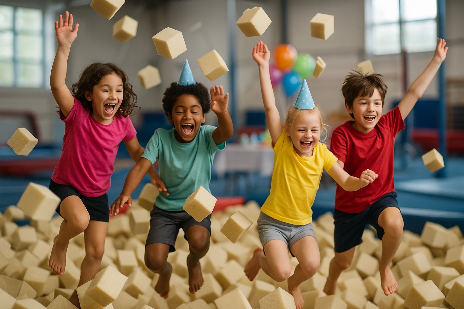 Kids jumping into the foam pit at a birthday party