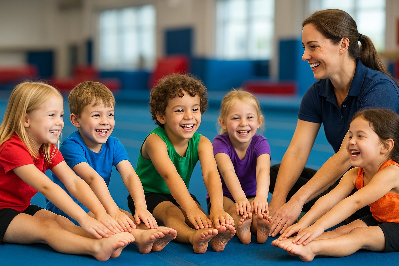 Preschool gymnastics class stretching with coach