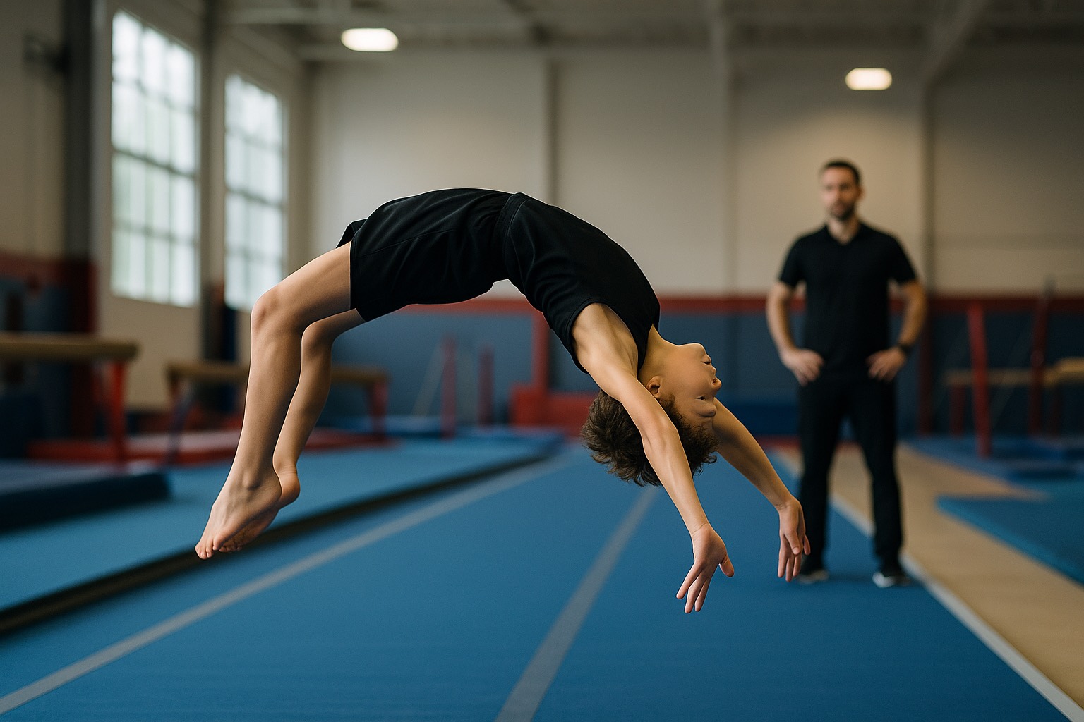 Student performing a back handspring on the spring floor